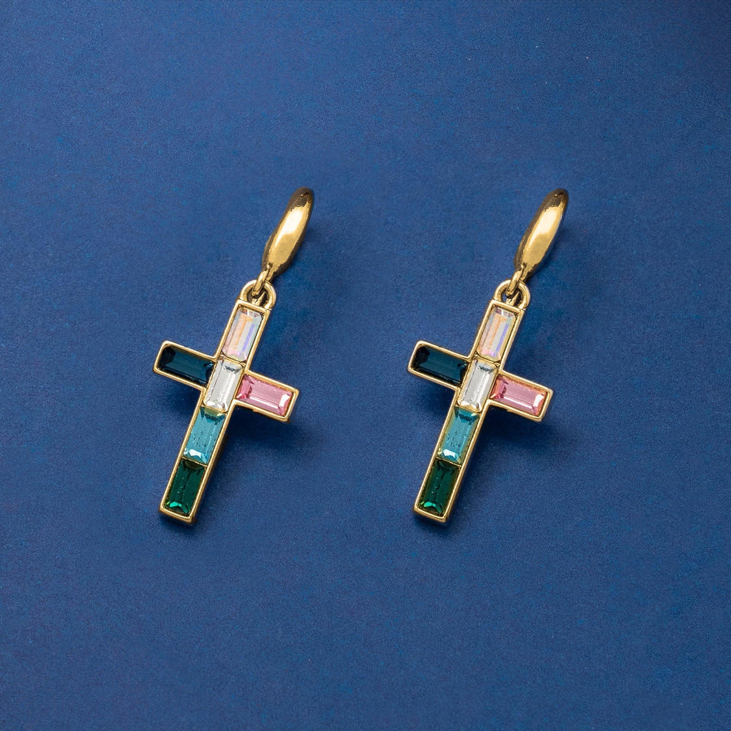 Reign Cross Earrings Gold Multi - Yahweh REIGN FOREVER CRYSTALS 